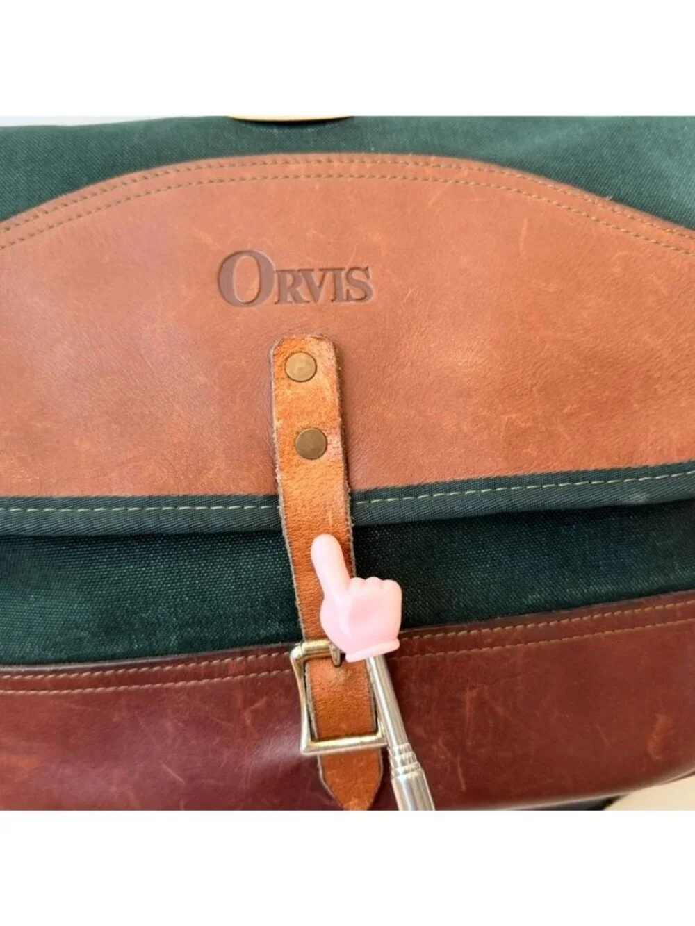 Orvis Vintage Leather Canvas Messenger Bag Green Brown Crossbody Satchel